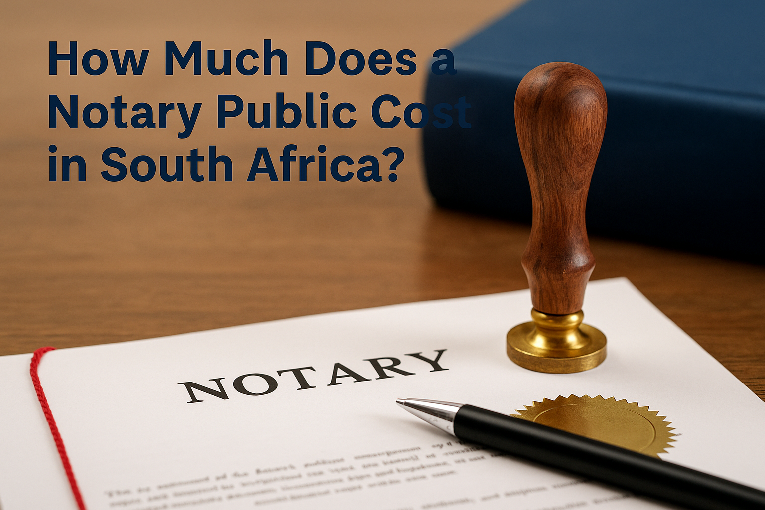 A notary stamp, black pen, and legal document titled "NOTARY" rest on a wooden desk, visually representing the notary public cost in South Africa.