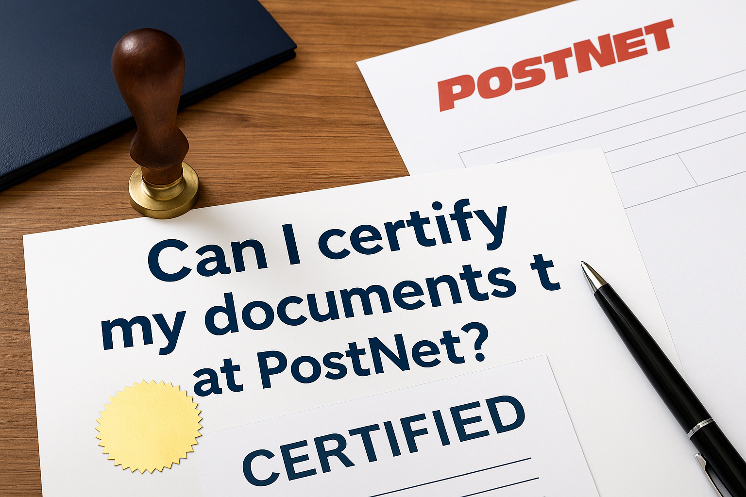 A certification document labeled "CERTIFIED" with a notary stamp, black pen, and PostNet-branded paper on a wooden desk, illustrating whether you can certify documents at PostNet in South Africa.